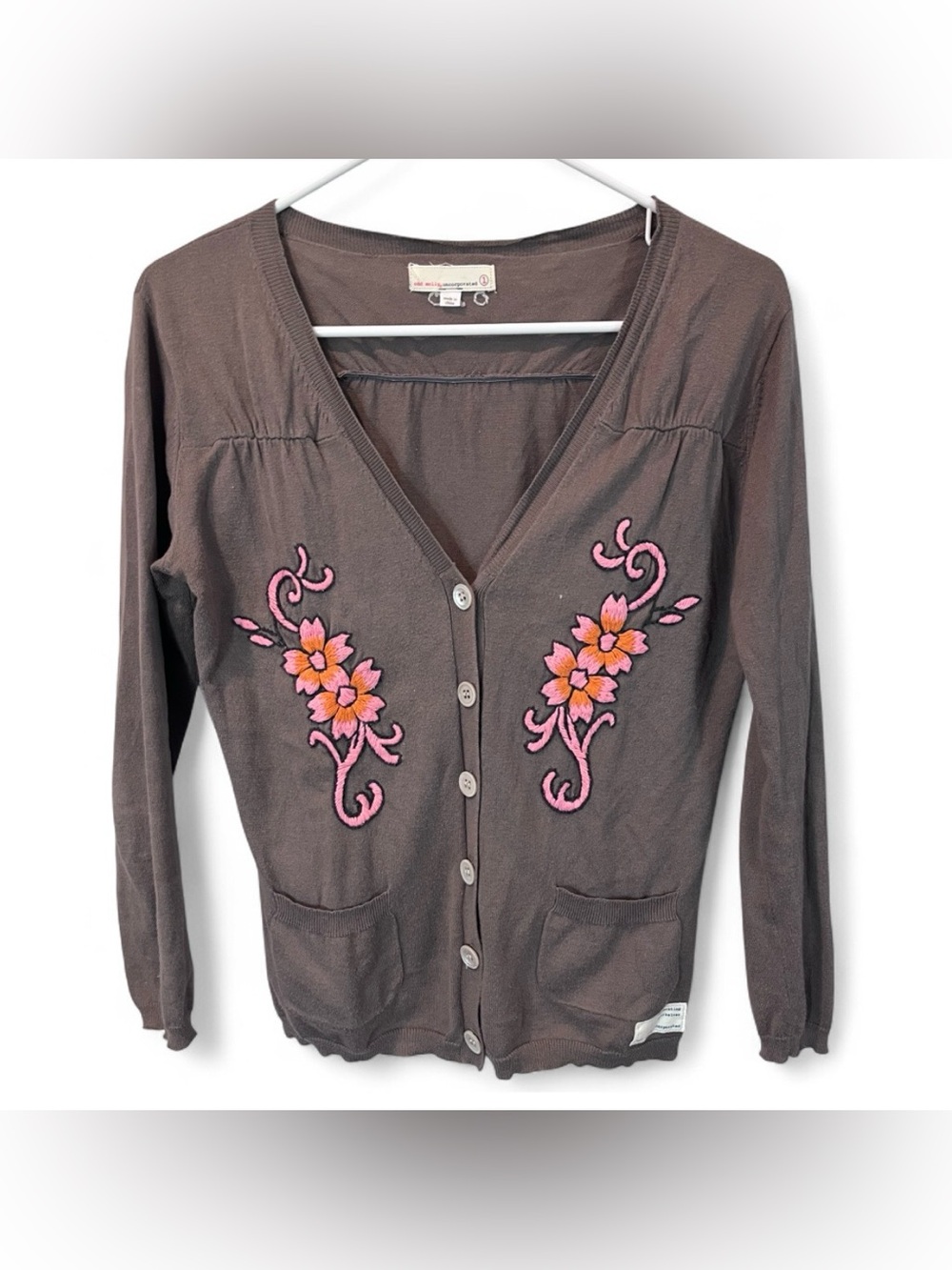 Odd Molly Size 1 (Small) Taupe V-Neck Cardigan W Pink/Orange Floral Embroidery
